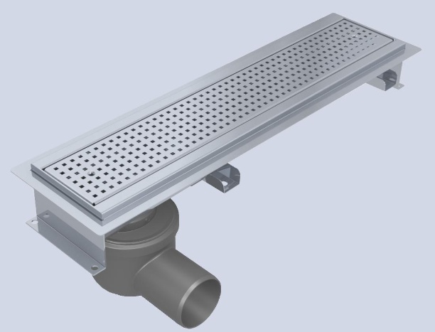 Edelstahl-Kastenrinne mit 100 mm breitem Rost für gegossenen Epoxidharzboden. Abmessung von 600 mm bis 2.500 mm in Hotel, Gewerbe und Industrie.