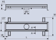 Detailmaße für gewerbliche Entwässerungs-Rinne aus Edelstahl mit mittigem Abgang für Betonboden mit Rostbreite 100 mm