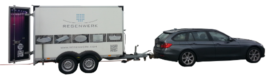 Regenwerk Anhänger für die Präsentation von Deckeinbaumodulen - Regenhimmel in Funktion (Wasser und LED-Licht)