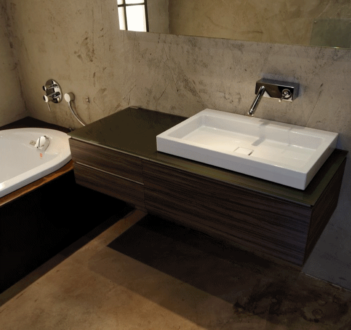 Alape Komponentensystem-Anlage: Aufsatzbecken AB.RE700.2, Trägerplatte Glas grüngrau, Unterbau Dekor Walnuss, Alape, glasierter Stahl, Email, AB.RE700.2, TP.GL525, KS.V500.5F
